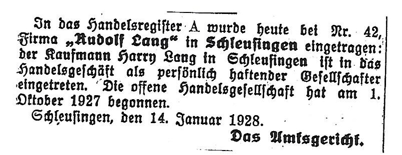  Anzeige im Henneberger Kreisblatt, Übertragung der Firma „Rudolf Lang“