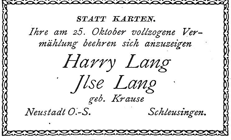 Vermählungsanzeige von Harry und Ilse Lang