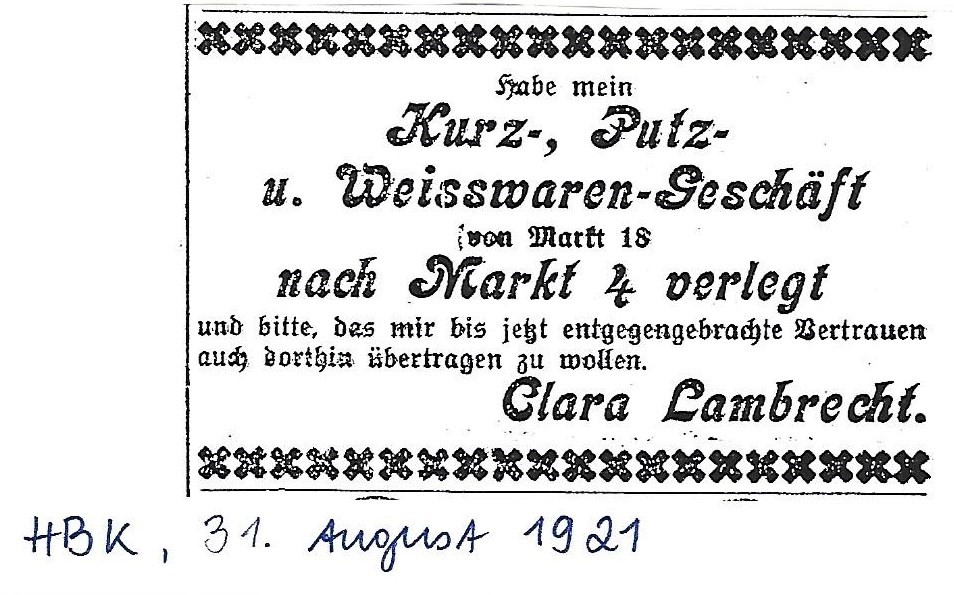 Werbeannonce von Clara Lambrecht im „Henneberger Kreisblatt“