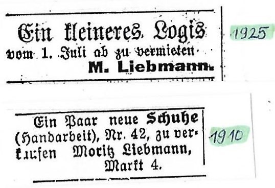 Annoncen von Moritz Liebmann im „Henneberger Kreisblatt“ von 1910 und 1925